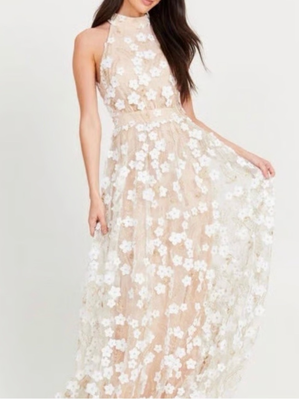 Altar'd State Nude Maxi Dress with White Floral Appliqué